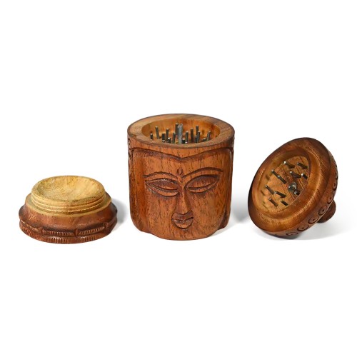 Buddha Carved Wooden Herb Grinder With Storage (50mm 3 Part)